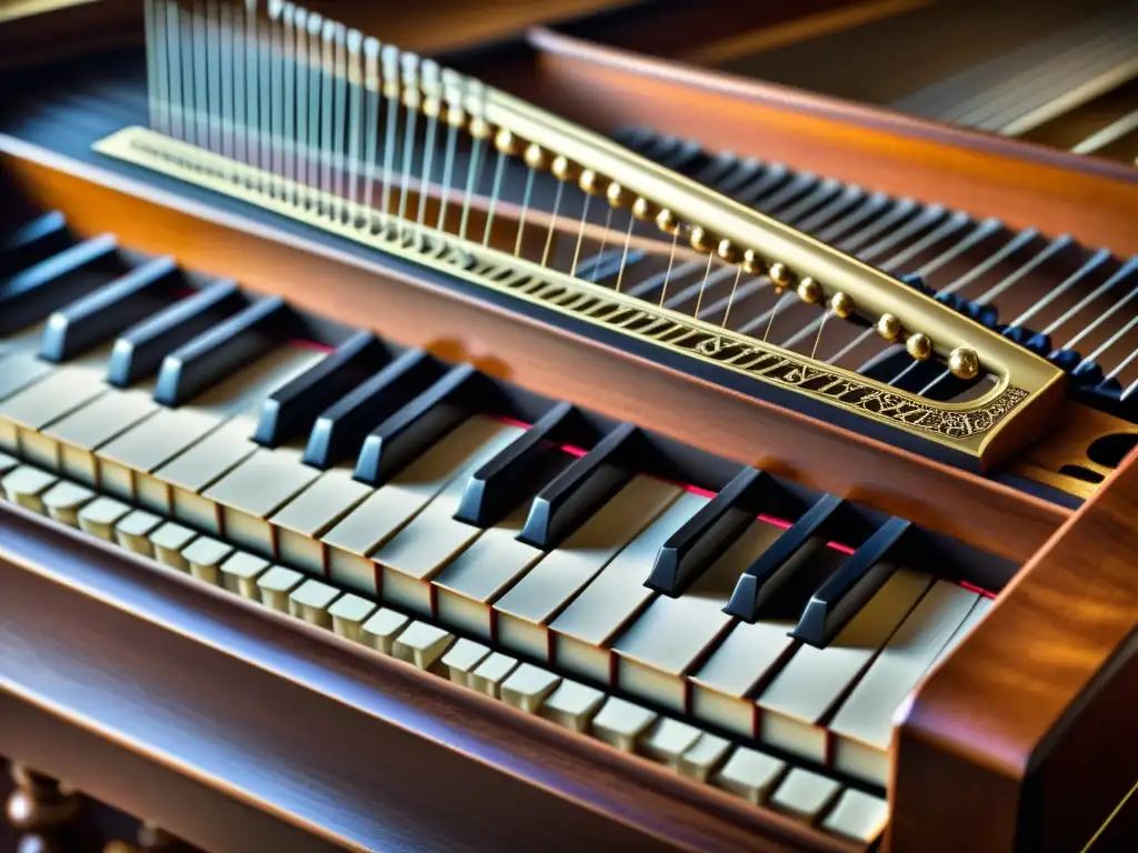 Detalle de clavicémbalo artesanal, resaltando su importancia en música barroca con ricos tonos de madera y delicada artesanía