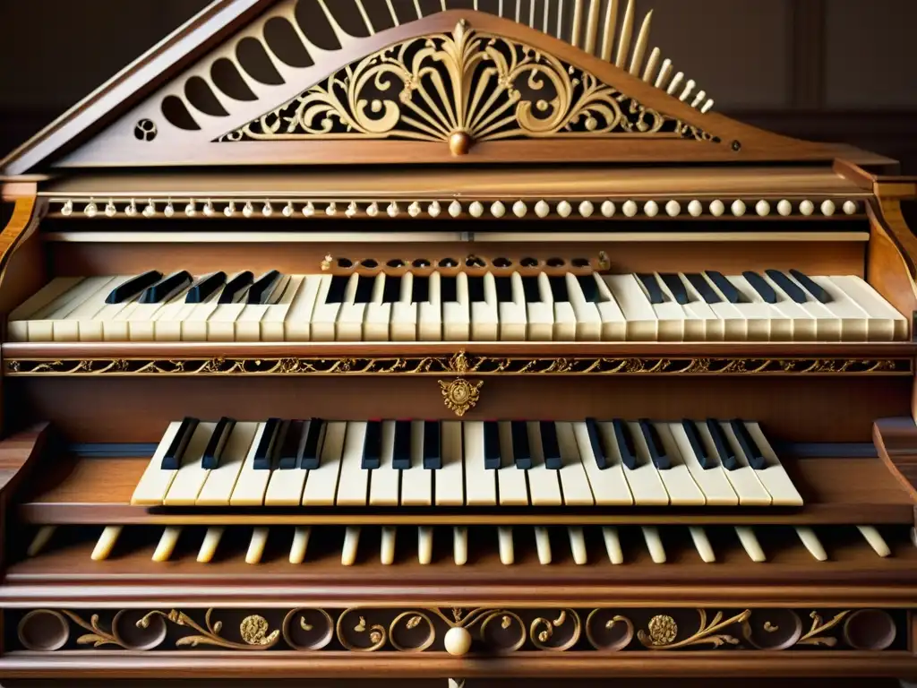 Detalle de clavicémbalo barroco con tallados y teclas de marfil, iluminado cálidamente, evocando la importancia del clavicémbalo en la música barroca