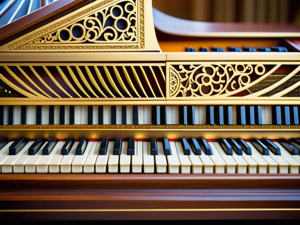 Detalle de clavicémbalo ornamentado, destacando la importancia del clavicémbalo en música barroca