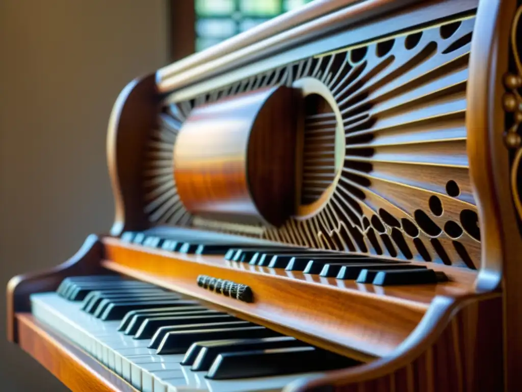 Detalle del clavicémbalo preservado con cuidado, iluminado por luz natural, resaltando su importancia en la música