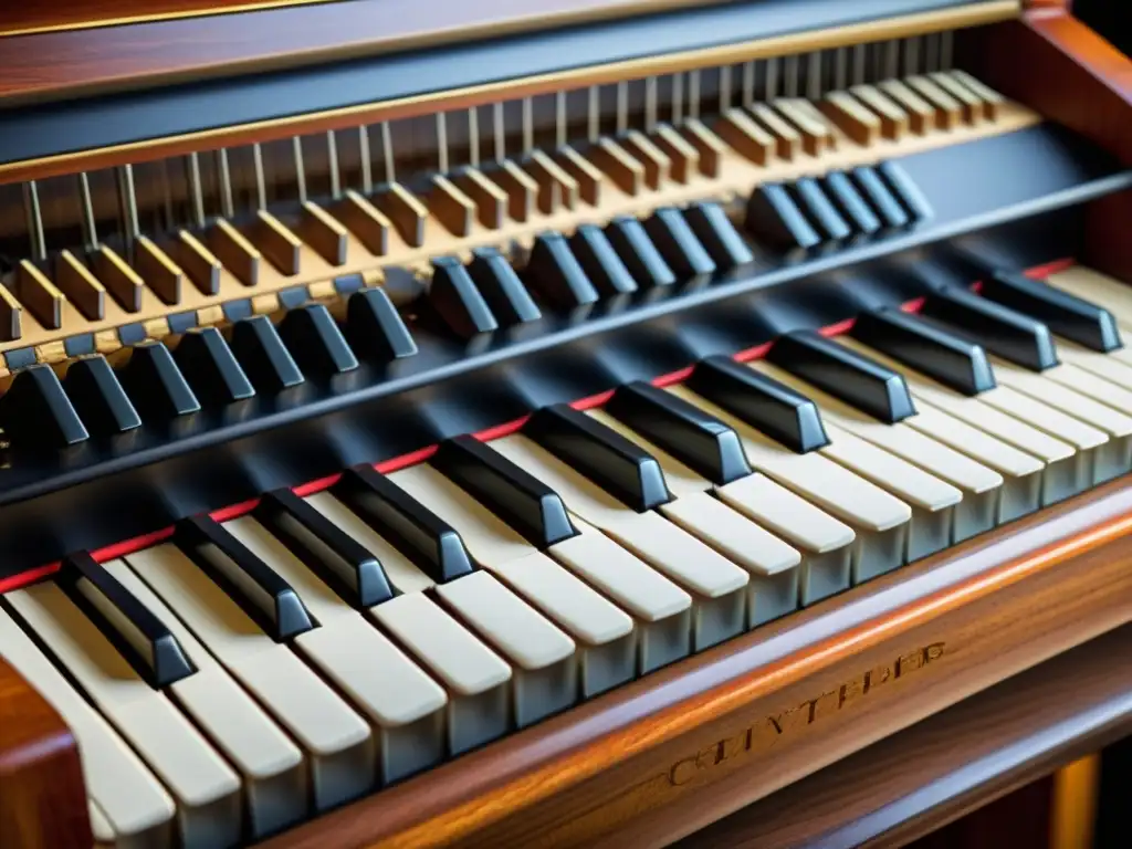 Detalle de clavicémbalo restaurado con madera cálida y detalles intrincados, resaltando su artesanía histórica y musical