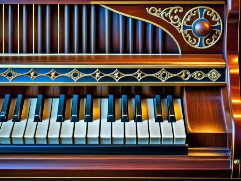 Detalle del clavicémbalo con teclado vertical, historia y artesanía detallada en la madera, iluminado suavemente para resaltar su autenticidad