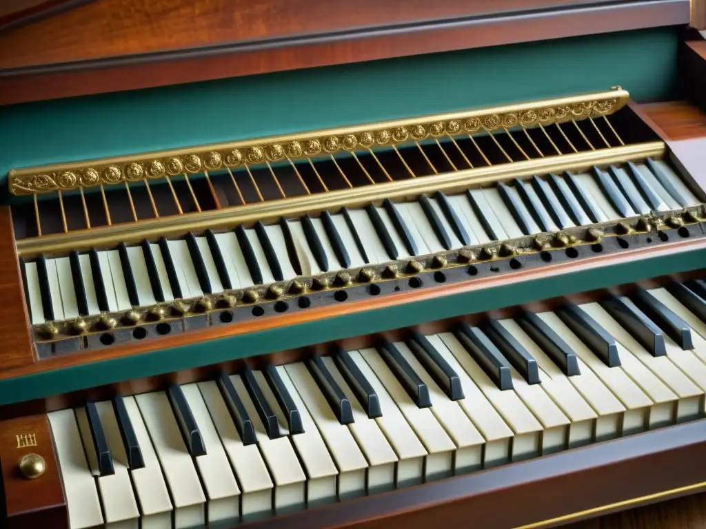 Detalle de un Claviciterio: madera ornamental y teclado, resaltados por luz suave