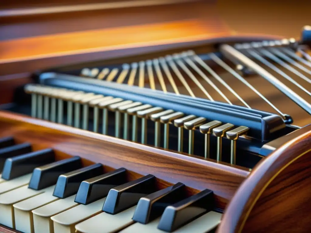 Detalle del clavicordio antiguo, evocando origen y evolución del instrumento musical