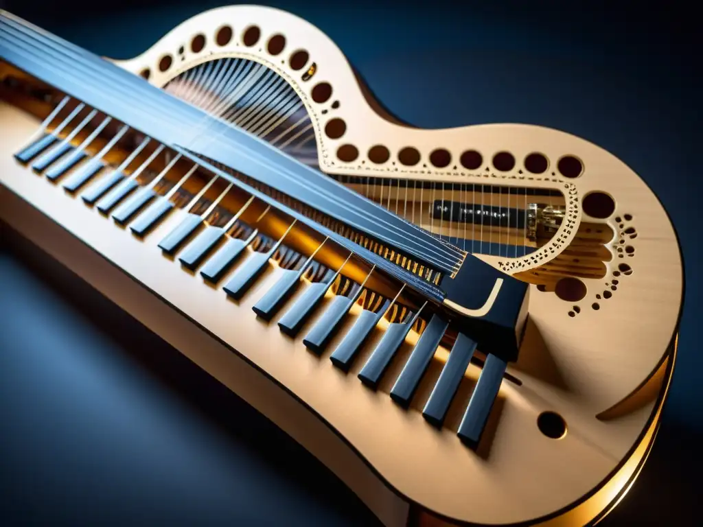 Detalle de la compleja estructura interna y cuerdas de un harpejji, destacando la fusión de elementos de piano y guitarra