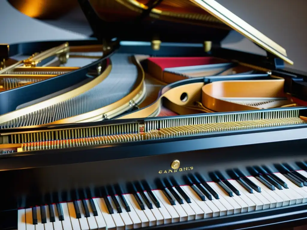 Detalle de la compleja red de cuerdas, martillos y amortiguadores en el piano, evocando capas de sonido en el piano