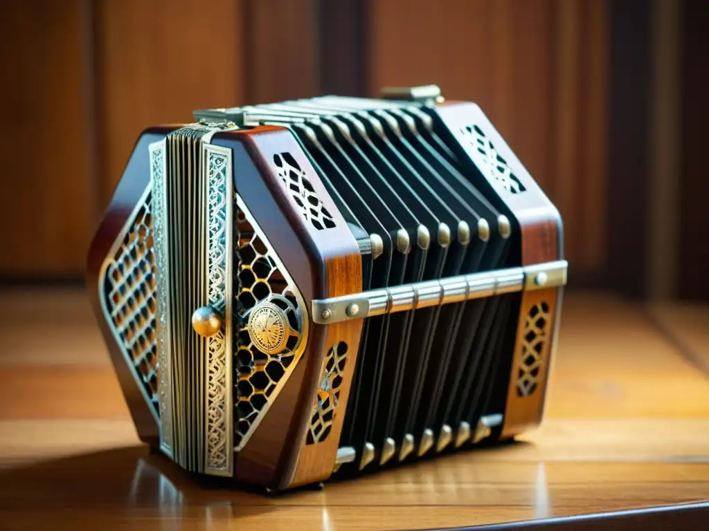 Detalle de una concertina vintage, con metal y madera desgastados, evocando historia y sonido de la concertina