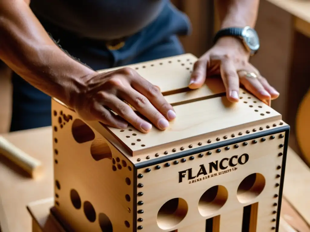 Detalle de la construcción de un cajón flamenco con nuevos materiales, resaltando la artesanía y el sonido auténtico