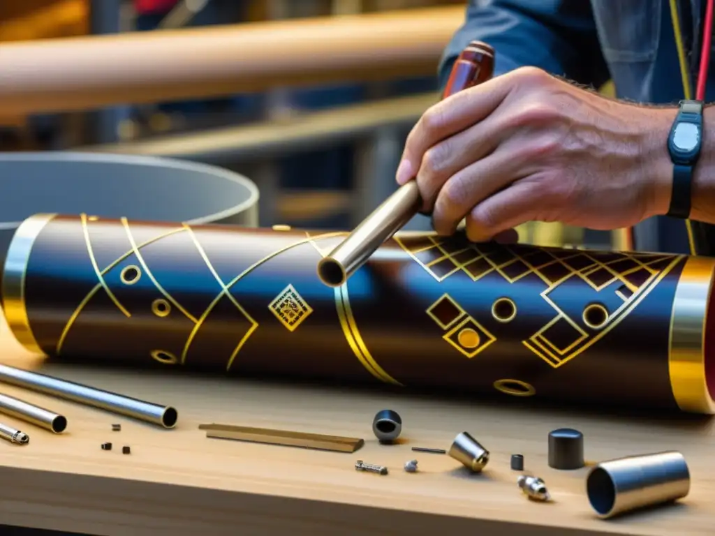 Detalle de la construcción de un didgeridoo electrónico, fusionando artesanía tradicional con componentes modernos