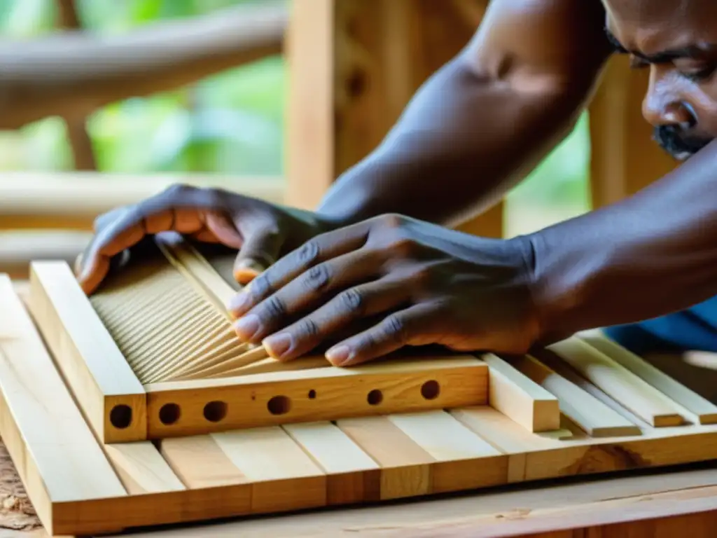 Detalle de la construcción de una tarima música espiritual afrocolombiana, resaltando la destreza artesanal y la tradición cultural