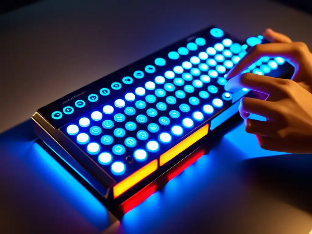 Detalle de un controlador MIDI iluminado, reflejando precisión tecnológica y creatividad en la programación y grabación de instrumentos virtuales MIDI