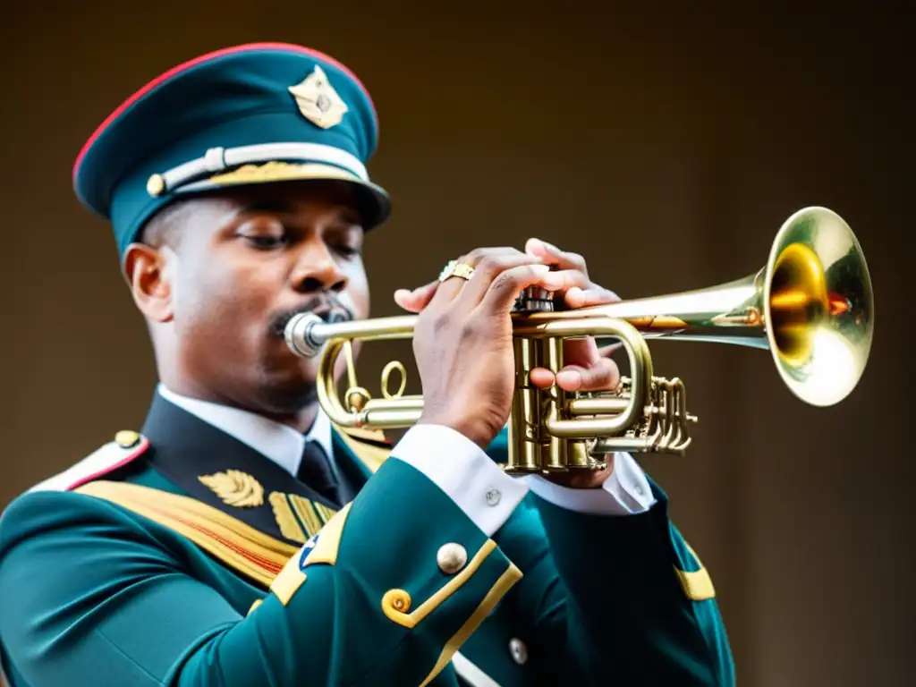 Detalle de un cornetista en uniforme militar, evocando el origen y evolución de la corneta en contextos militares y de jazz