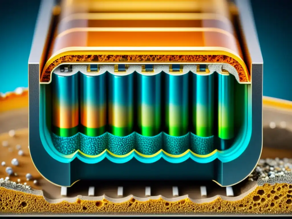 Detalle de corte transversal de una celda de batería, mostrando porosidad y densidad de sus capas
