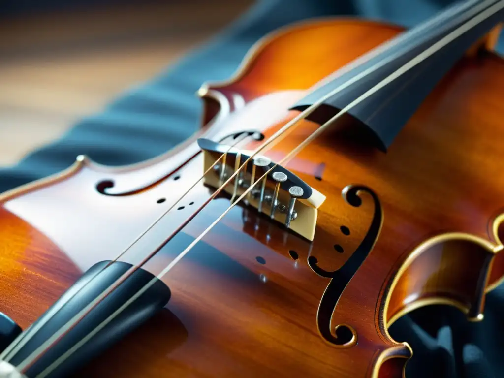 Detalle de una cuerda de violín bajo tensión, mostrando la ciencia detrás de los instrumentos musicales