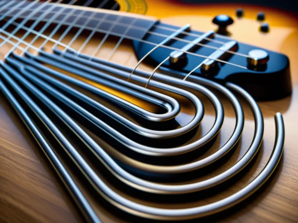 Detalle de una cuerda de guitarra vibrante, mostrando la relación entre ondas sonoras y acordes perfectos en alta resolución