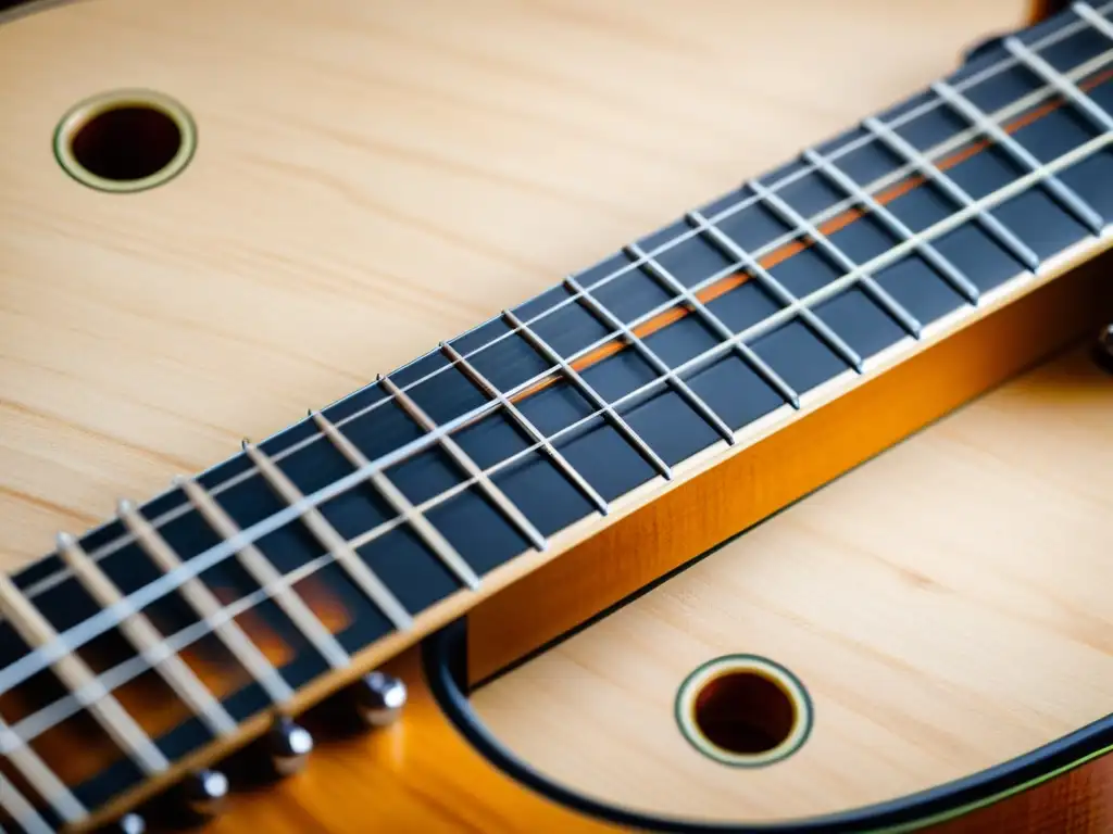 Detalle de cuerdas de guitarra de acero y nailon en el puente, mostrando diferencias sonido
