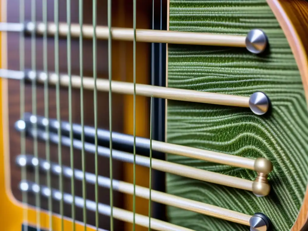 Detalle de cuerdas de guitarra biodegradables, resaltando su textura y patrón naturales, reflejando la sostenibilidad en la producción musical