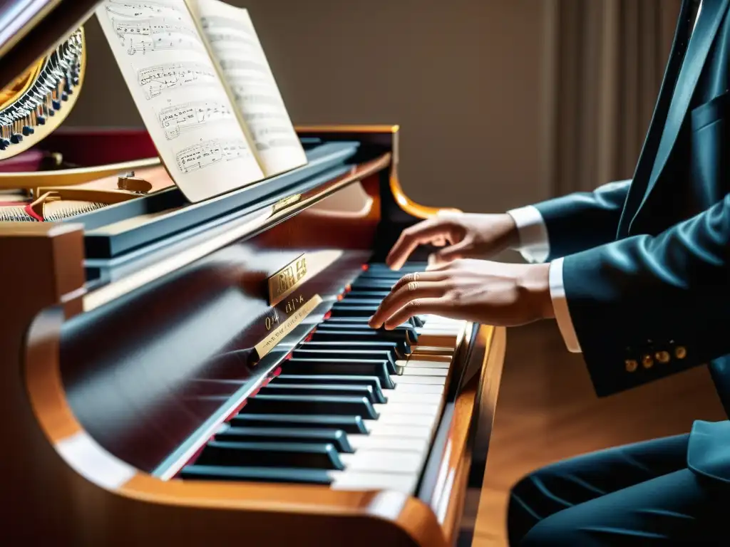 Detalle de las cuerdas de un piano de cola siendo tocadas, evocando el rico sonido del piano de cola y su elegancia atemporal