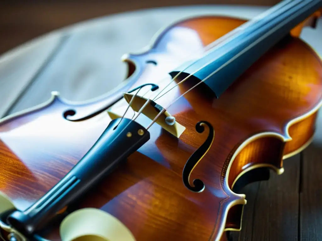 Detalle de las cuerdas de violín mostrando la ciencia detrás de los instrumentos musicales