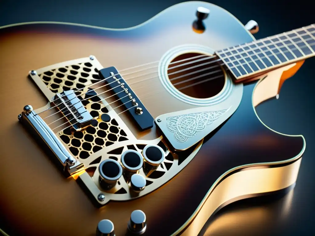 Guitarra microtonal personalizada: detalle y precisión Detalle del diseño de instrumentos musicales microtonales: guitarra personalizada con intrincado trabajo de trastes y sistema de afinación único, fusionando tradición y modernidad con precisión artesanal