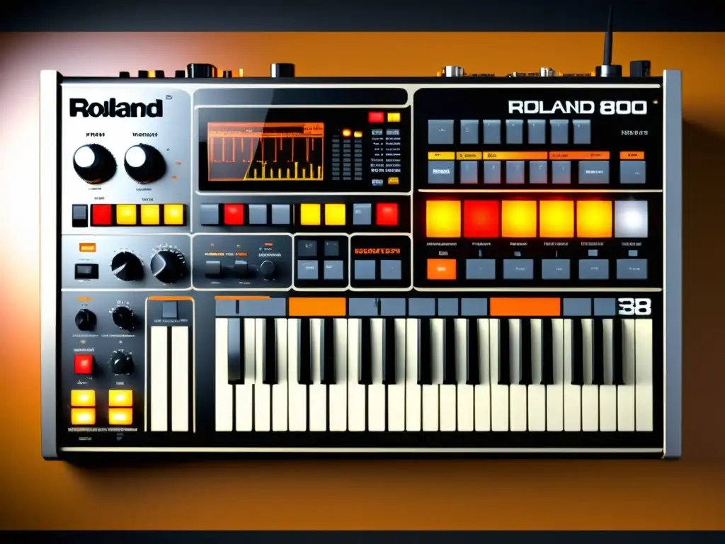 Detalle de la icónica Roland TR808, resaltando su diseño retro con botones y sliders