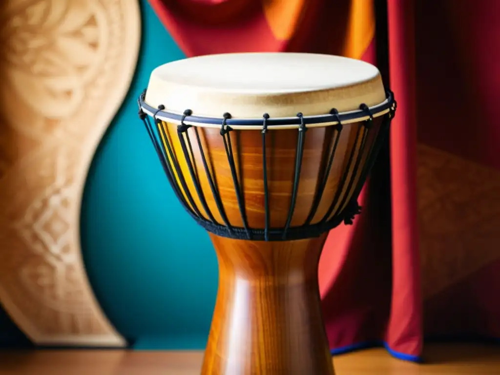 Detalle de un djembe africano tradicional, resaltando la artesanía y la rica textura de la madera