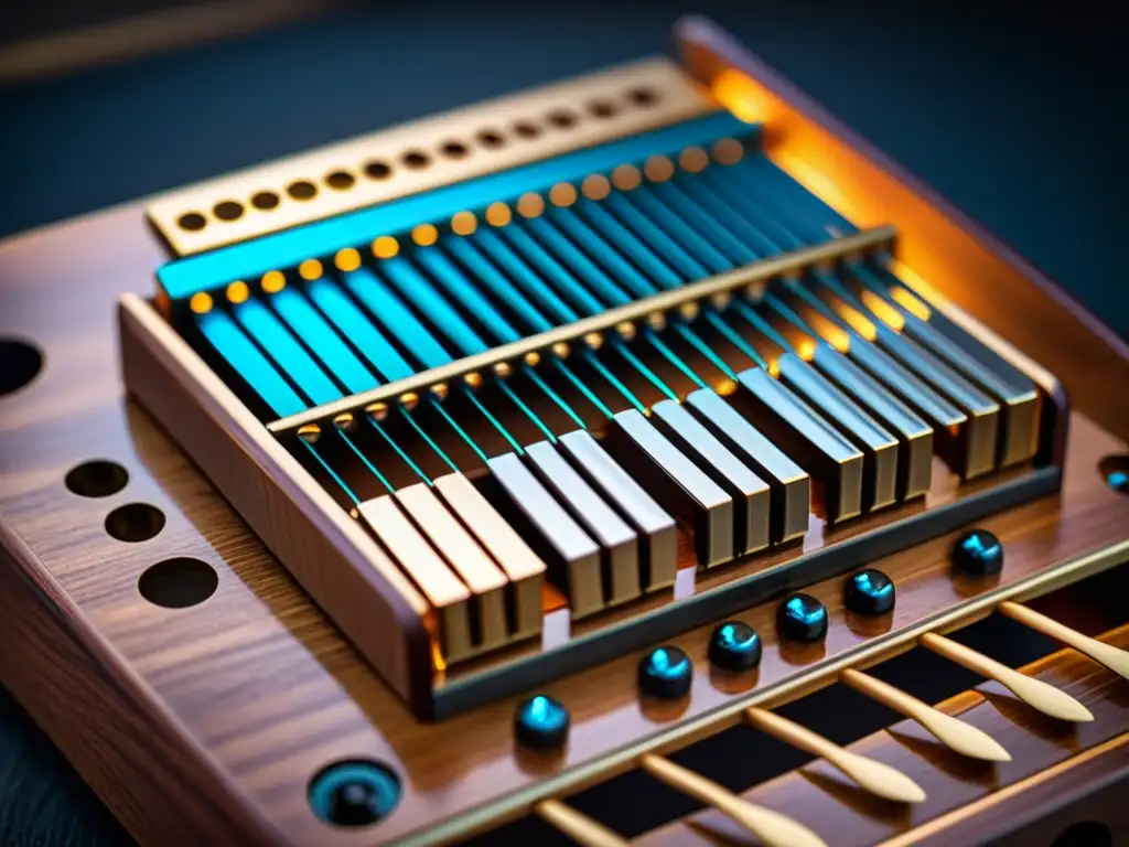 Detalle en 8k de una kalimba electrónica, fusionando historia y sonido en su ingeniería y diseño