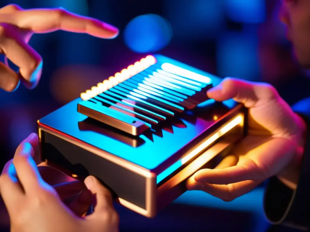 Detalle de una kalimba electrónica moderna, con luces LED vibrantes y manos tocando con delicadeza