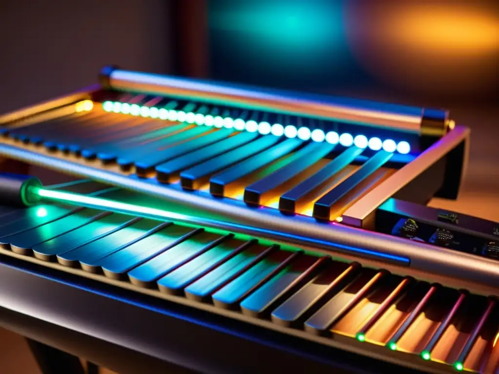 Detalle de marimba electrónica percusión tradicional moderna con diseño futurista y luces dinámicas