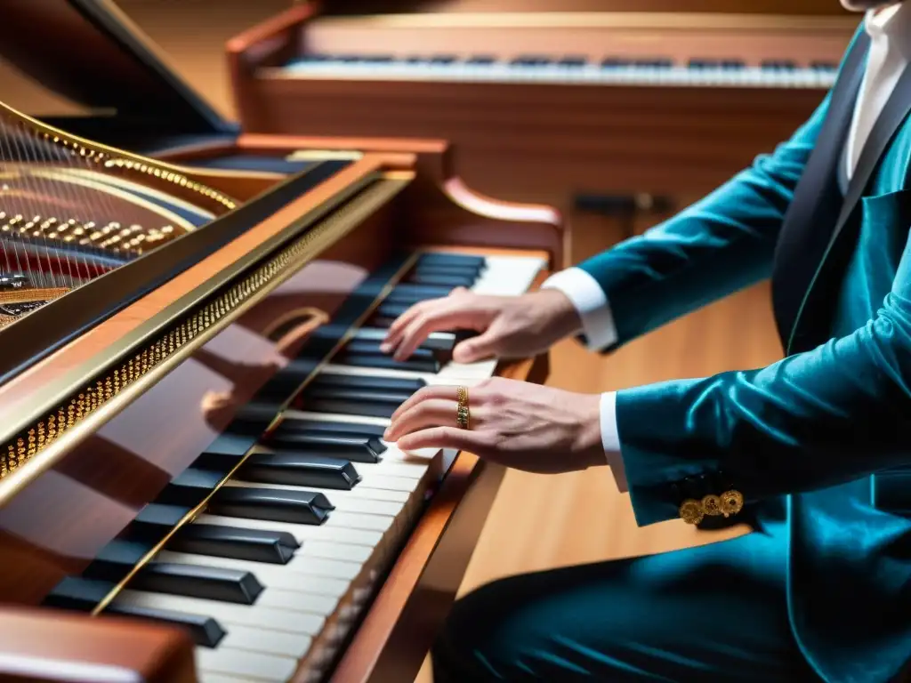 Detalle del clavecín electrónico en la música: teclas, cuerdas y manos del músico, fusionando tradición y modernidad