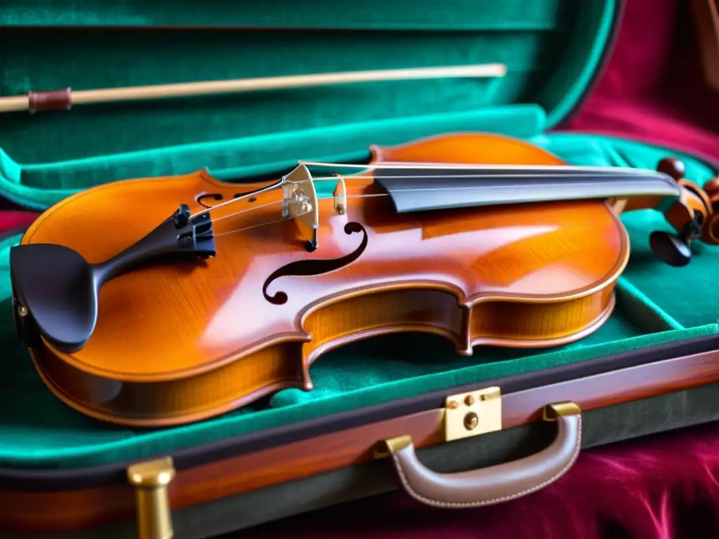 Detalle del elegante violín en estuche de terciopelo, evocando la conservación ambiental de instrumentos musicales y la promesa de música