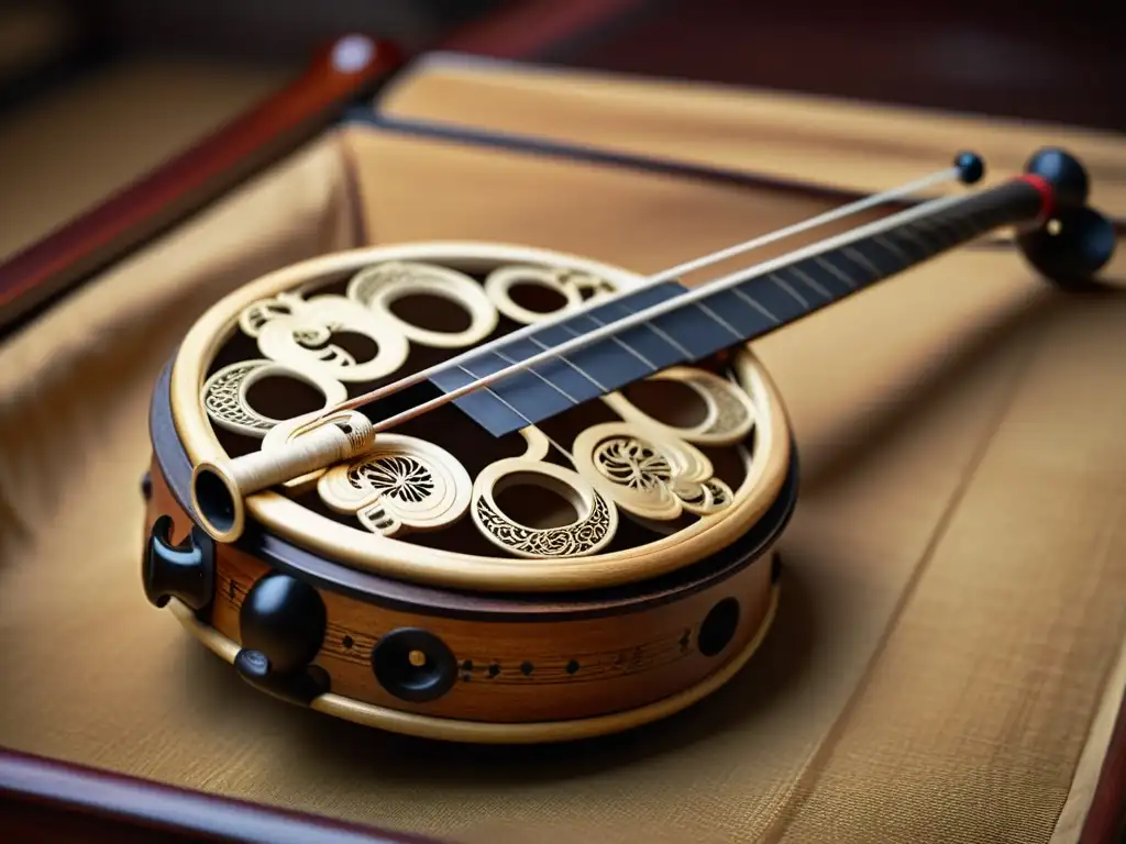 Detalle de un erhu antiguo con tallados y detalles ornamentales, evocando la rica historia y sonido del erhu