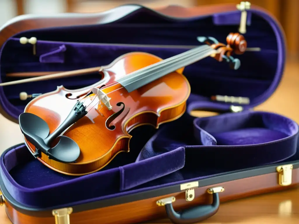 Detalle de violín y viola sobre estuche de terciopelo, resaltando la artesanía