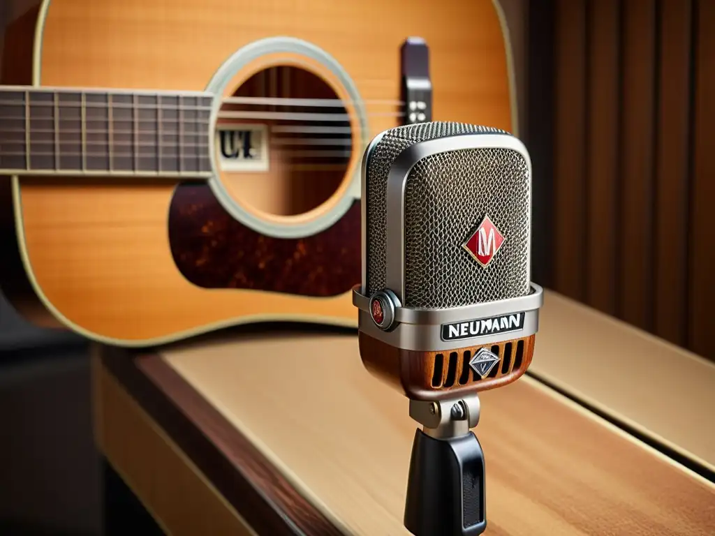 Detalle excepcional de micrófono Neumann U87 frente a guitarra acústica, capturando la esencia de instrumentos acústicos en estudio