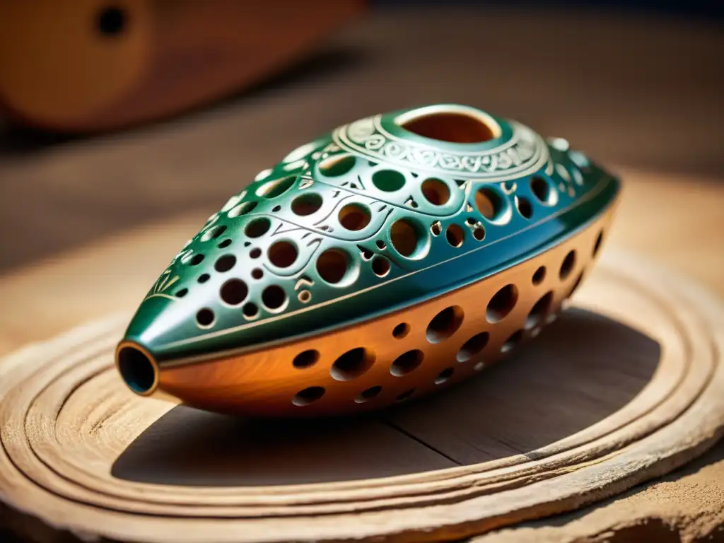 Detalle excepcional de una ocarina tallada, mostrando su historia en la cultura con una iluminación destacada