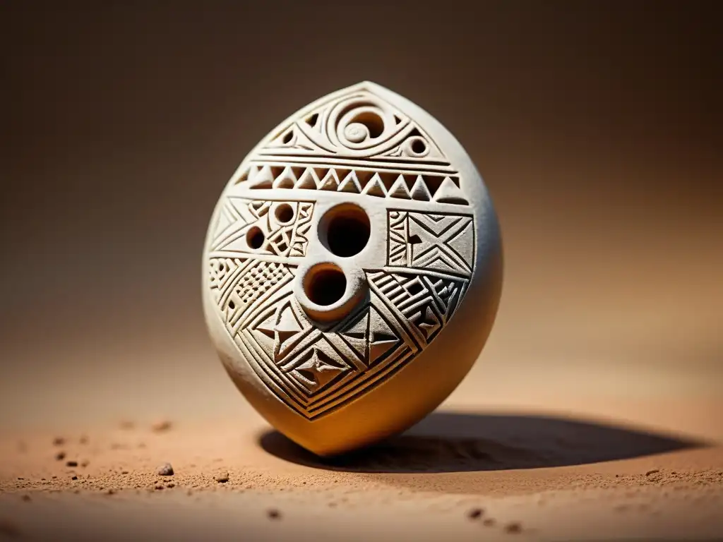 Detalle exquisito de una antigua ocarina de barro mesopotámica, rodeada de artefactos arqueológicos e documentos históricos, iluminada cálidamente para resaltar sus texturas y patrones, evocando su legado histórico y cultural