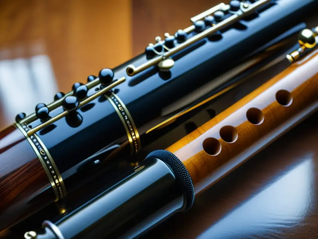 Detalle exquisito de clarinete de madera y plástico, reflejando la tradición y la innovación en instrumentos de viento