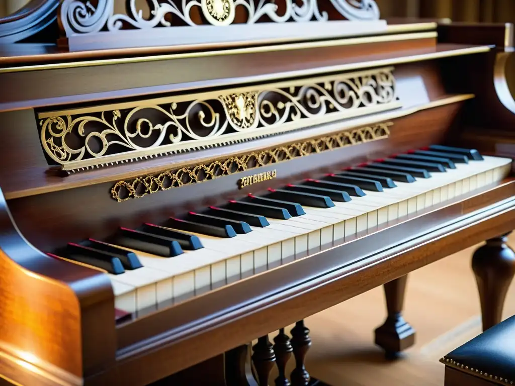 Detalle exquisito del Fortepiano de Mozart, resaltando su belleza atemporal y significado histórico