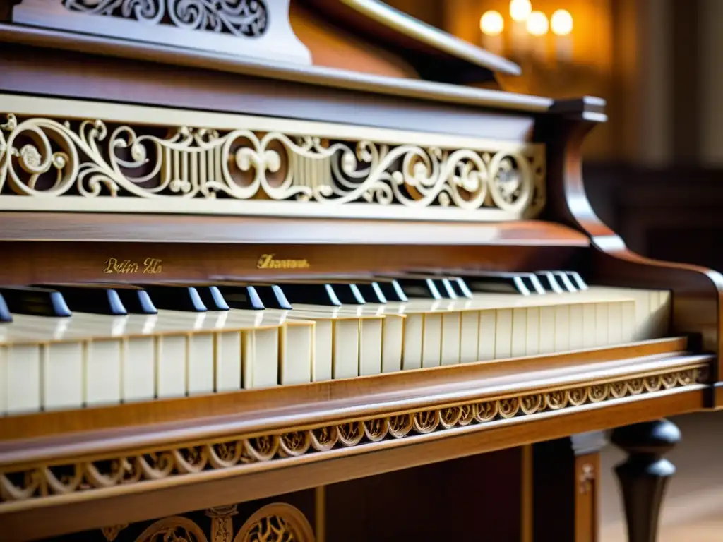 Detalle de un exquisito fortepiano, con tallados y teclas de marfil