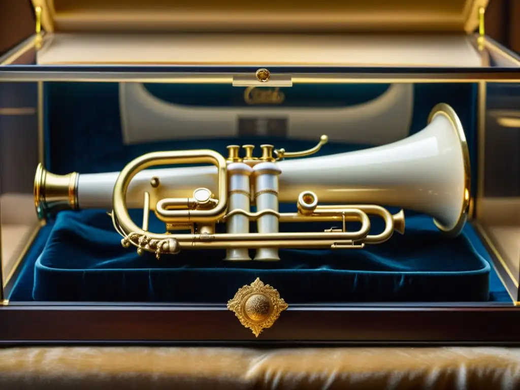 Detalle exquisito del cornetto histórico en el museo, iluminado suavemente, destacando su elegante artesanía e historia como instrumento musical cornetto historia