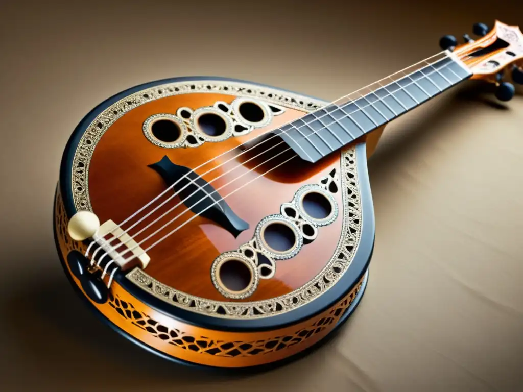Increíble detalle de tallado y marquetería en un sitar o sarod Detalle exquisito de un instrumento de cuerda tradicional, con tallados e incrustaciones intrincados