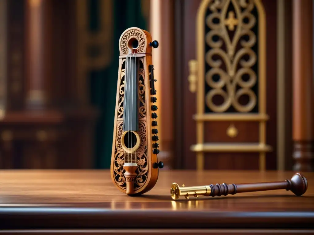 Detalle exquisito del instrumento de música renacentista, resaltando su artesanía histórica y tonos cálidos de la madera