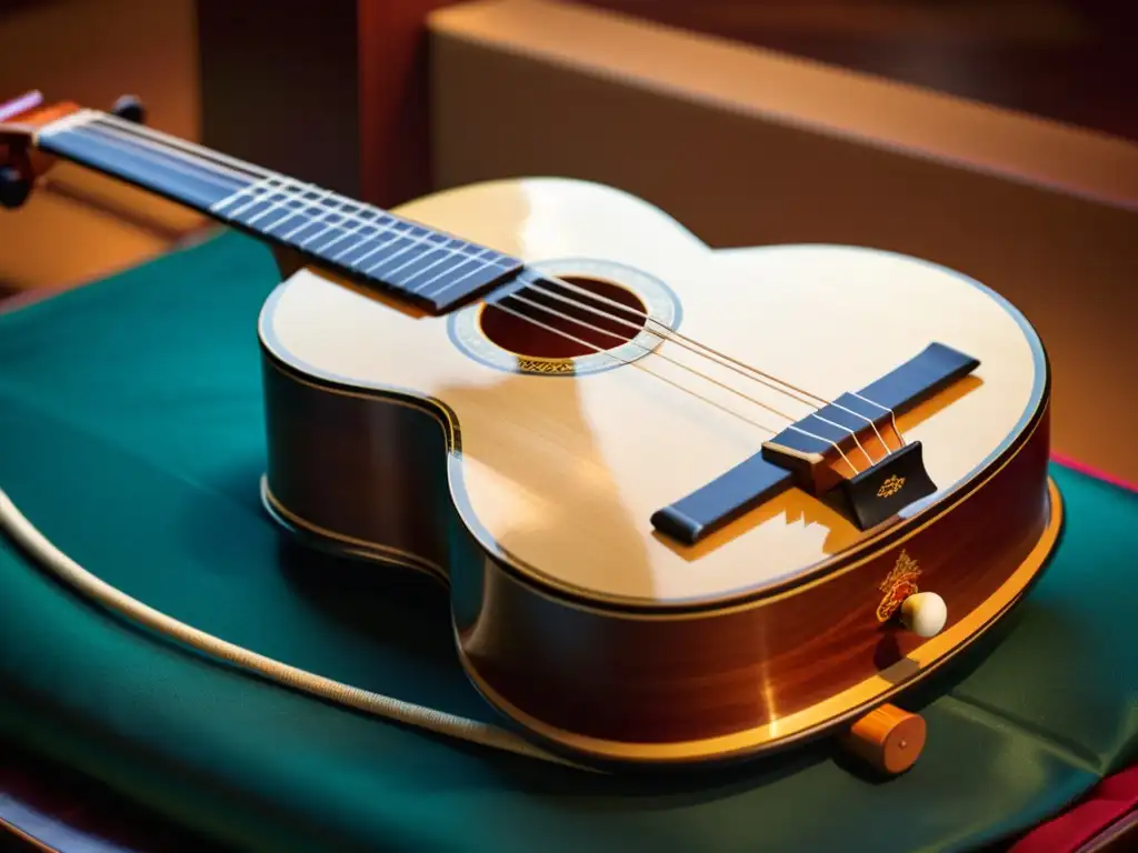 Detalle exquisito del shamisen japonés sobre cojín de seda