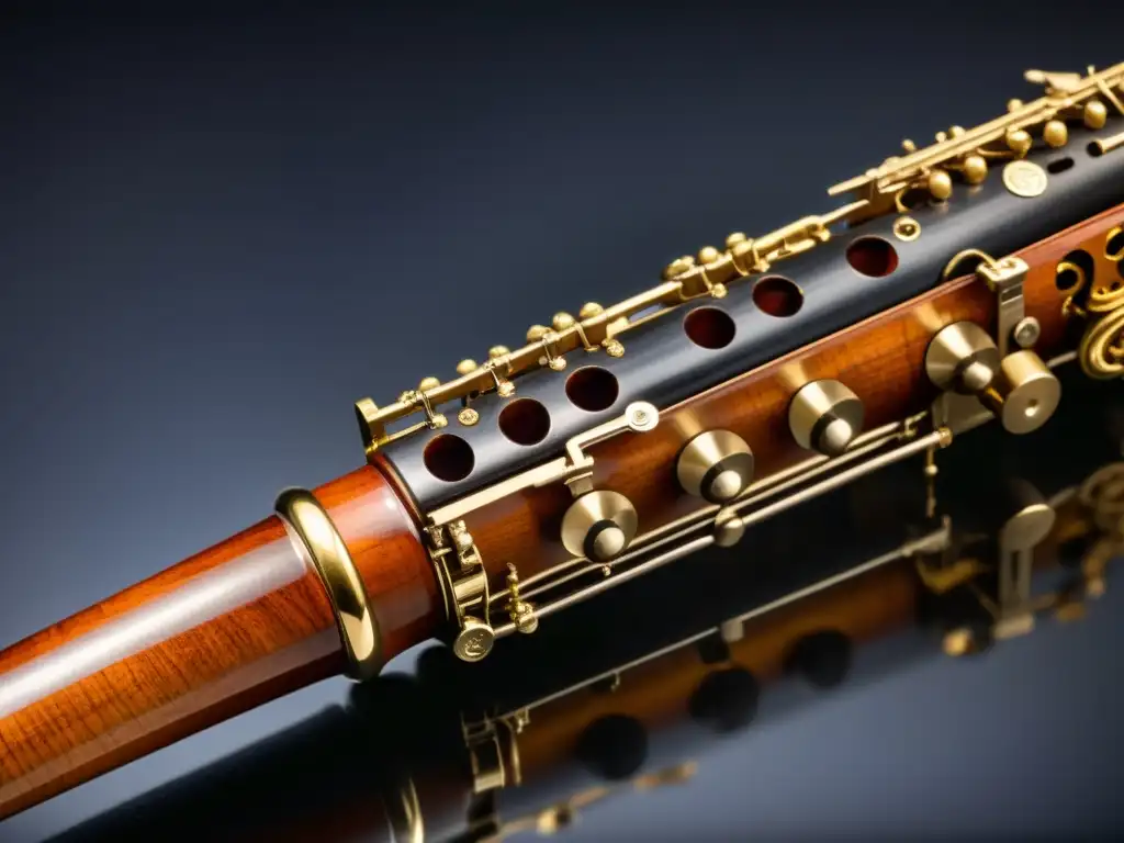 Detalle del exquisito oboe del siglo XIX, resaltando su fabricación y elegancia en contraste con el fondo oscuro