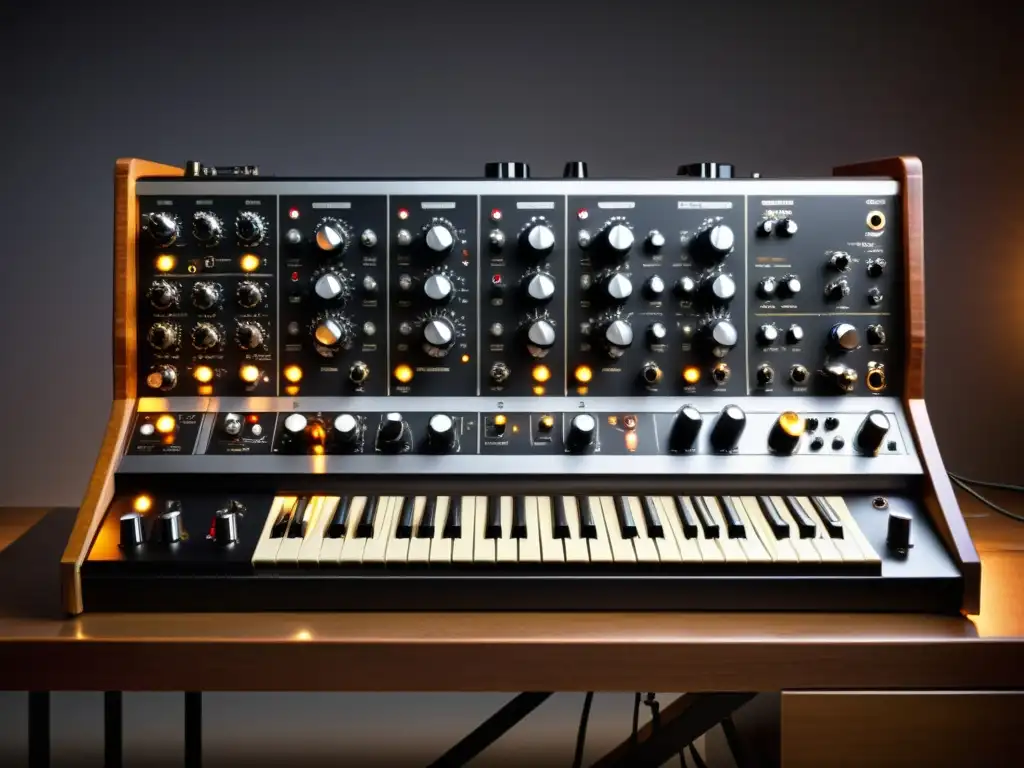 Detalle exquisito del sintetizador modular Moog vintage, resaltando su legado histórico y tecnológico con luces cálidas y texturas fascinantes