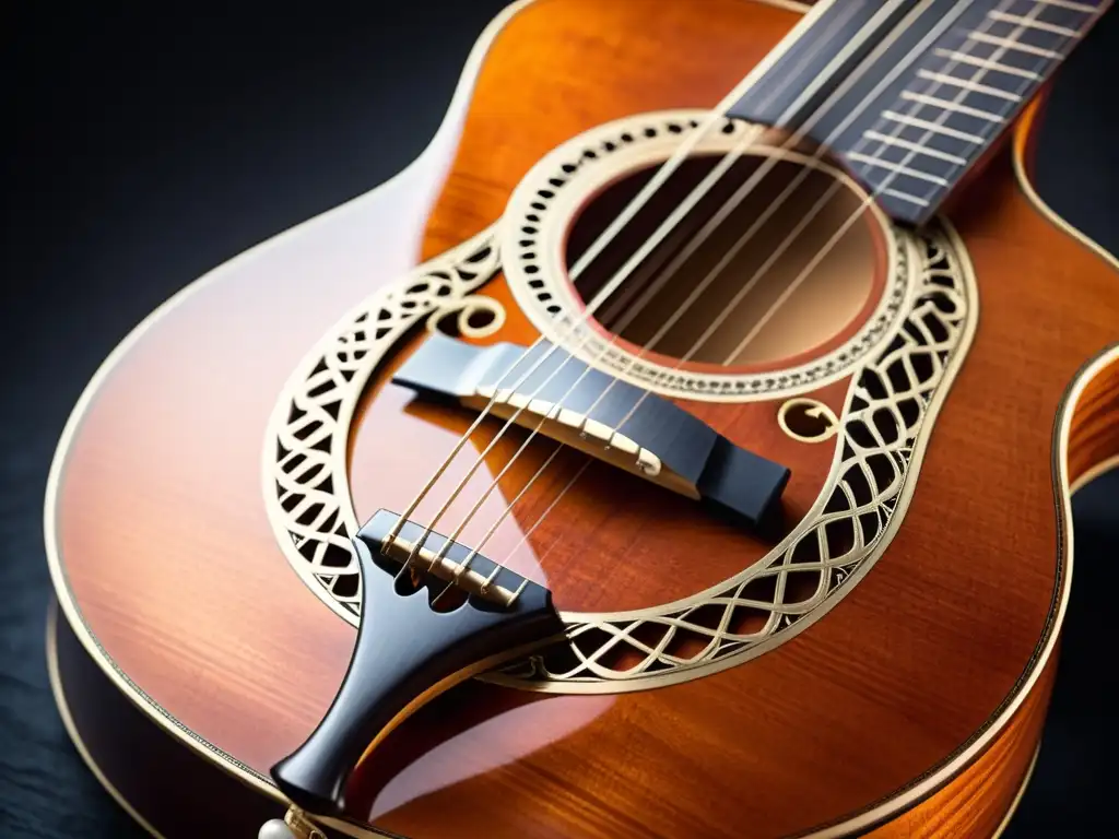 Un detalle exquisito del teorbo, instrumento musical barroco, resalta su belleza artística y su rica historia en un fondo texturizado oscuro