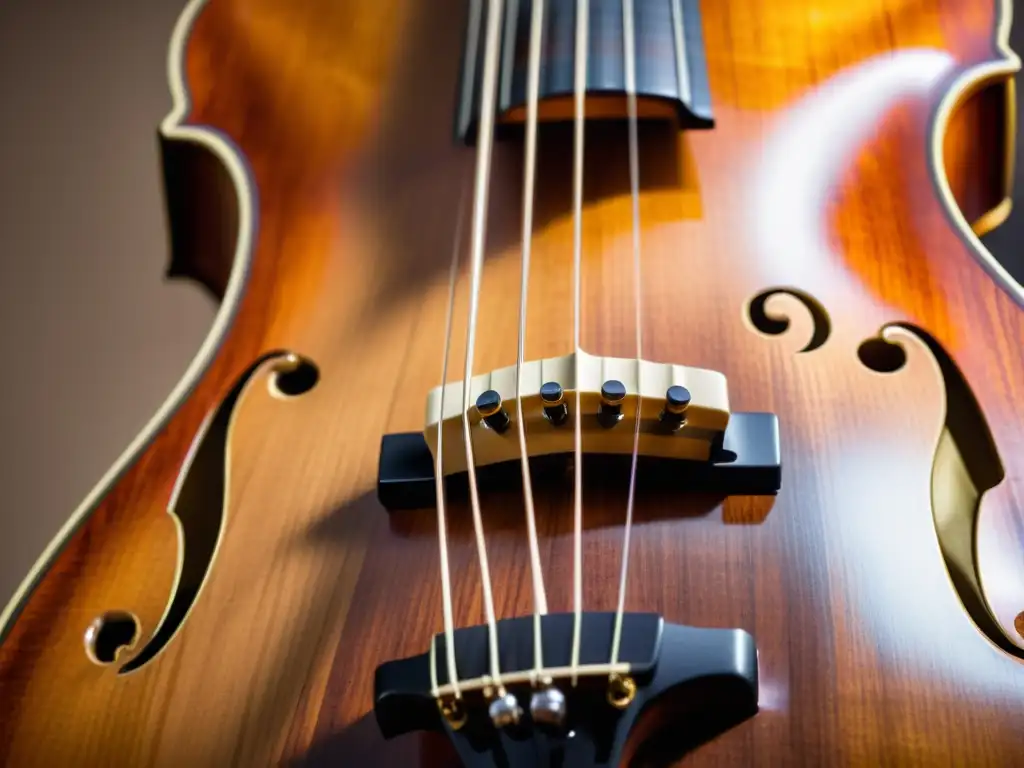 Detalle del exquisito trabajo artesanal de un octobass, resaltando la veta de la madera y la meticulosa talla