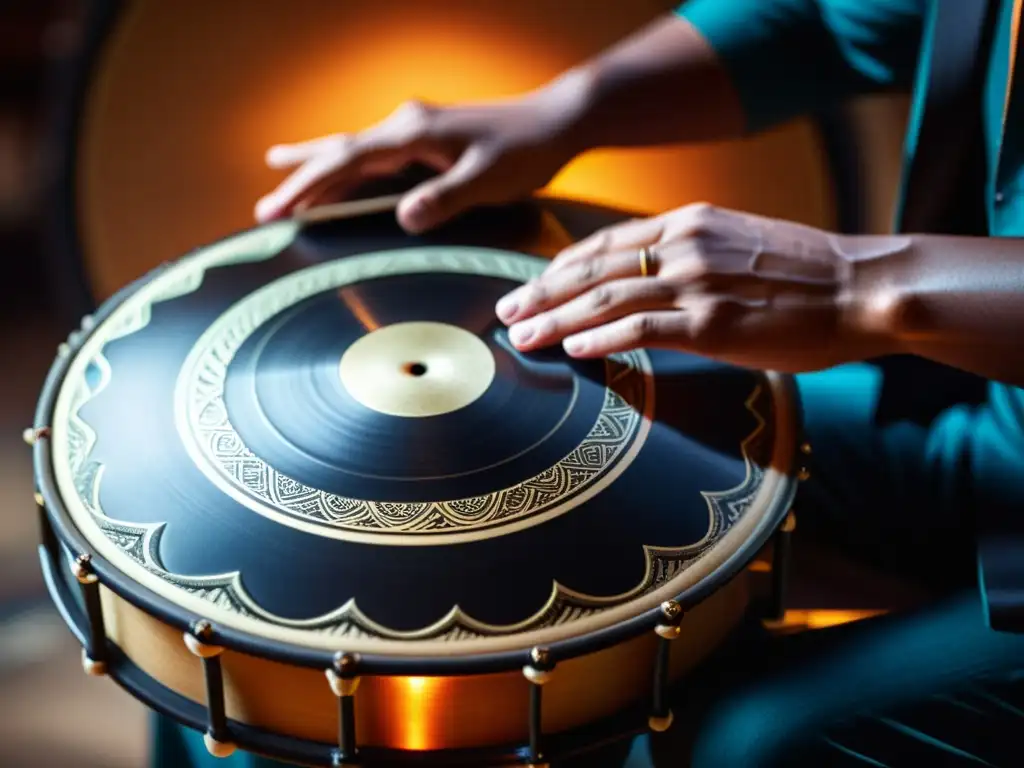 Un detalle fascinante del Hang Drum en manos de un músico, emanando historia y sonido del Hang Drum