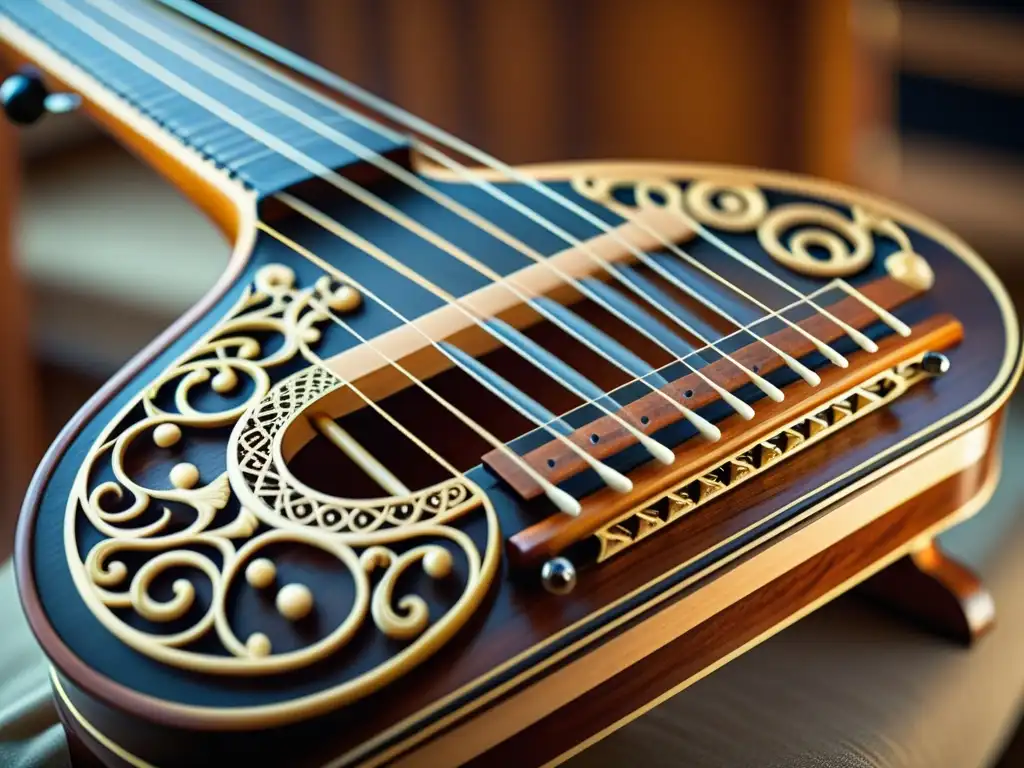 Detalle fascinante de una nyckelharpa sueca tradicional, resaltando su historia y artesanía única