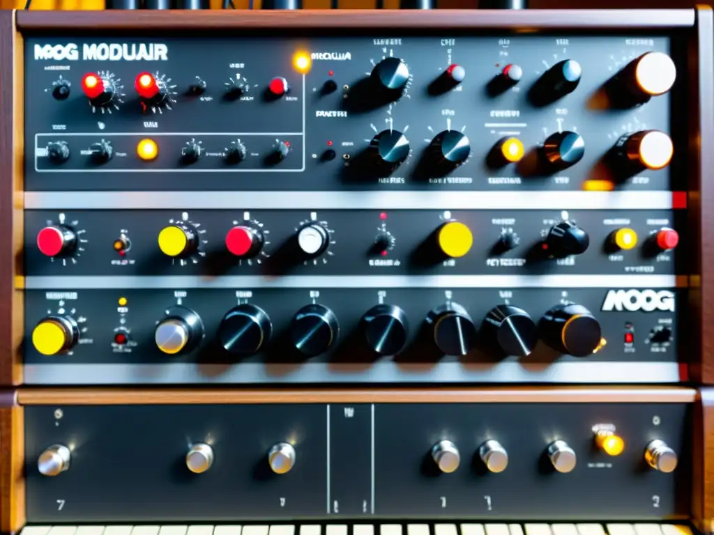 Detalle fascinante de un sintetizador modular Moog vintage, mostrando su complejidad y el legado de los sintetizadores modulares en la música